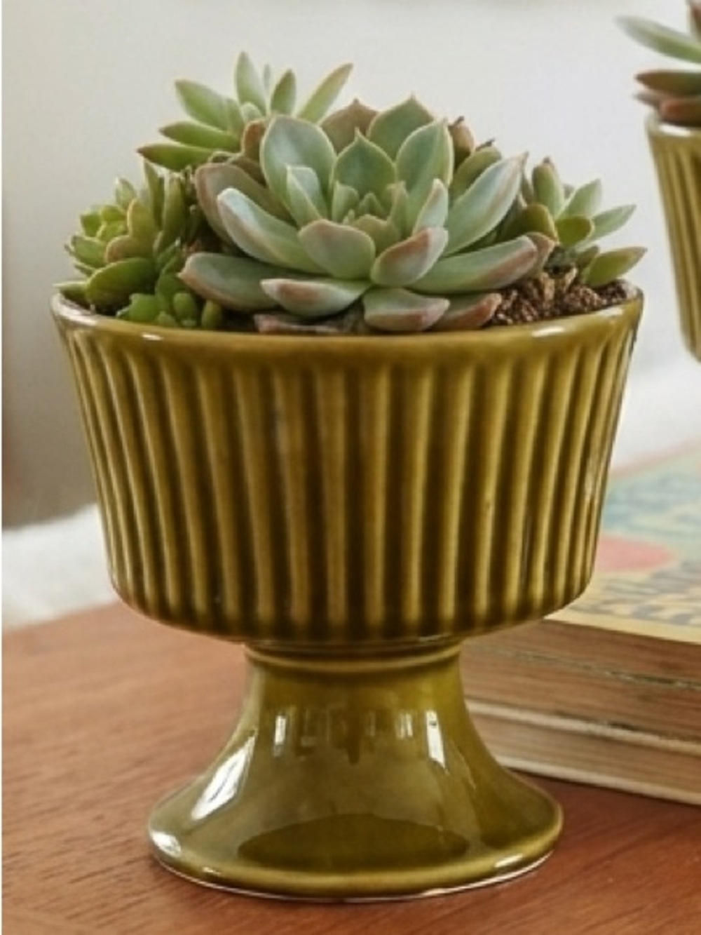 MCM Vintage Floraline Ceramic Pedestal Dish Planter in Olive Green, 470 USA